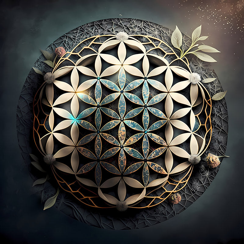 reFlowery – hochwertiges Leinwandbild „Blume des Lebens“, Mittelpunkt, glanz, grau, bronze, versch. Größen